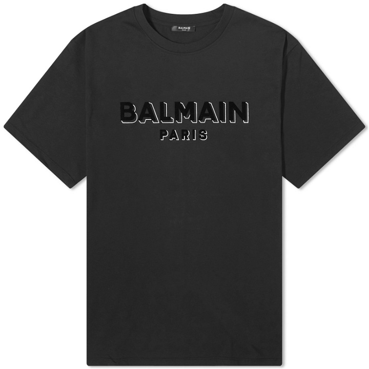 Photo: Balmain Men's Flock Logo T-Shirt in Black/Silver