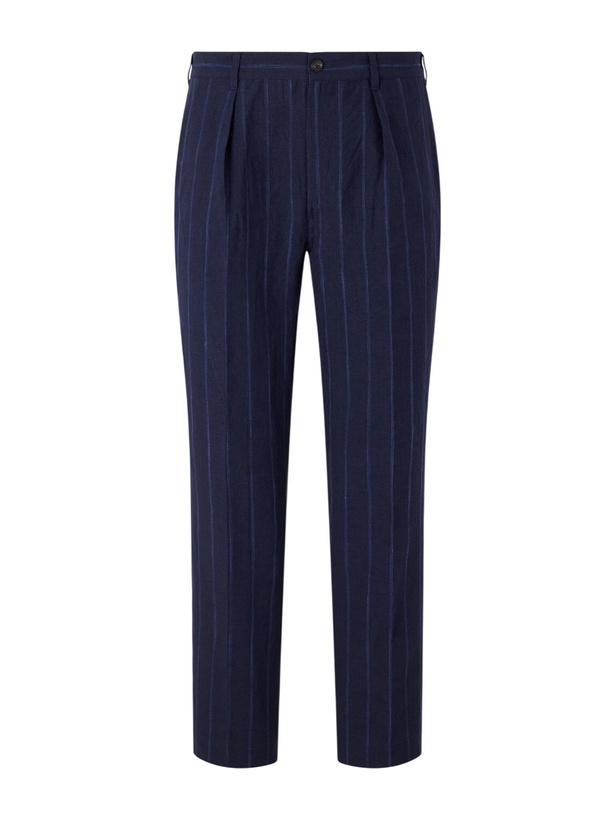 Photo: Drake's - Games Straight-leg Pinstriped Cotton and Linen-Blend Suit Trousers - Blue
