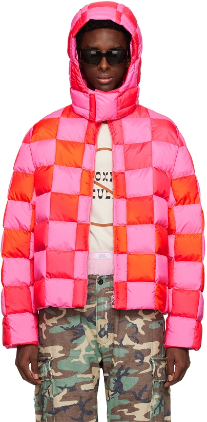 Photo: ERL Pink & Red Gradient Checker Hooded Puffer Coat