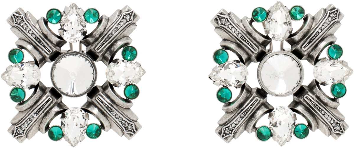 AREA Silver & Green Crystal Brooch Earrings
