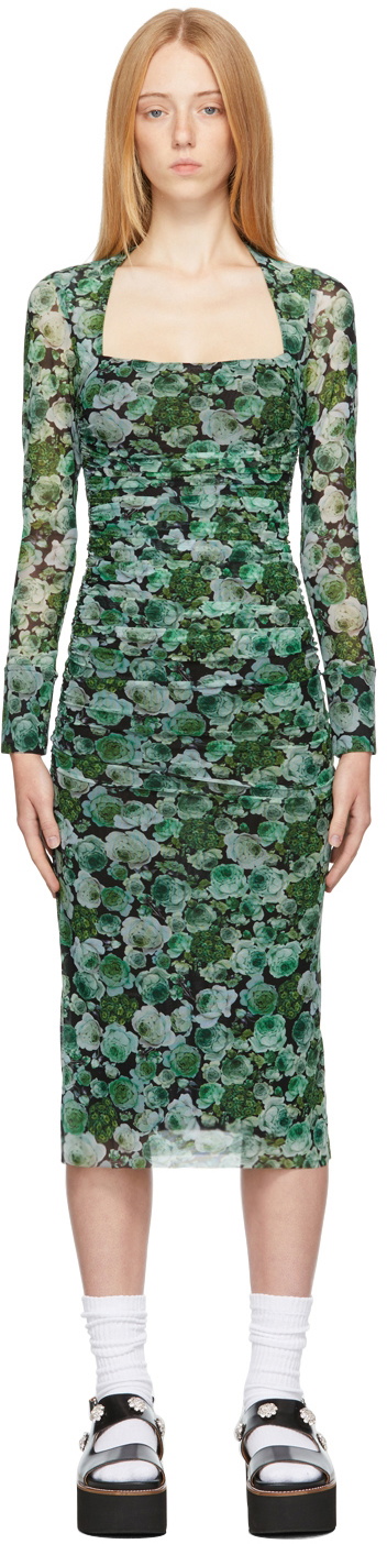 GANNI Green Mesh Floral Midi Dress