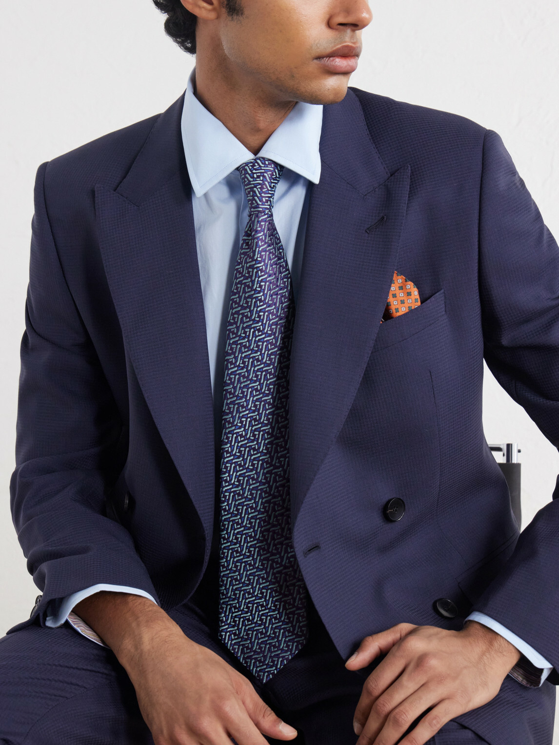 Mr P. - Houndstooth Wool Double-Breasted Suit Jacket - Blue