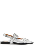 Ganni Buckle Ballerina Metallic Faux Leather Slingback Flats Silver