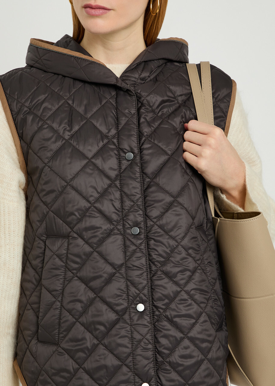 Brunello Cucinelli Quilted Hooded Nylon Gilet Dark Brown