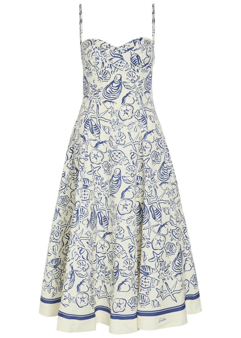 Simkhai Analise Printed Linen-blend Midi Dress Blue