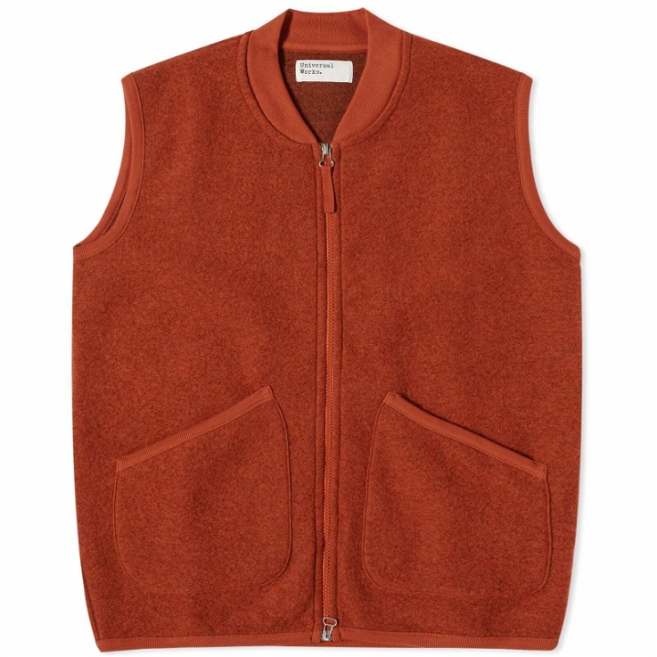 Photo: Universal Works Men's Wool Fleece Zip Waistcoat in Orange