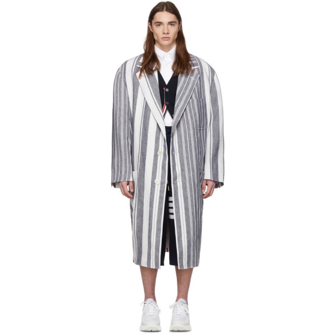 Photo: Thom Browne Navy and White Stripe Patch Pocket Oversized Coat