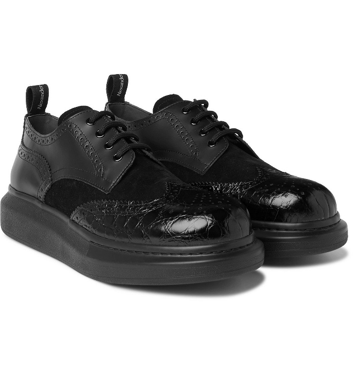 Photo: Alexander McQueen - Exaggerated-Sole Suede and Croc-Effect Leather Brogues - Black