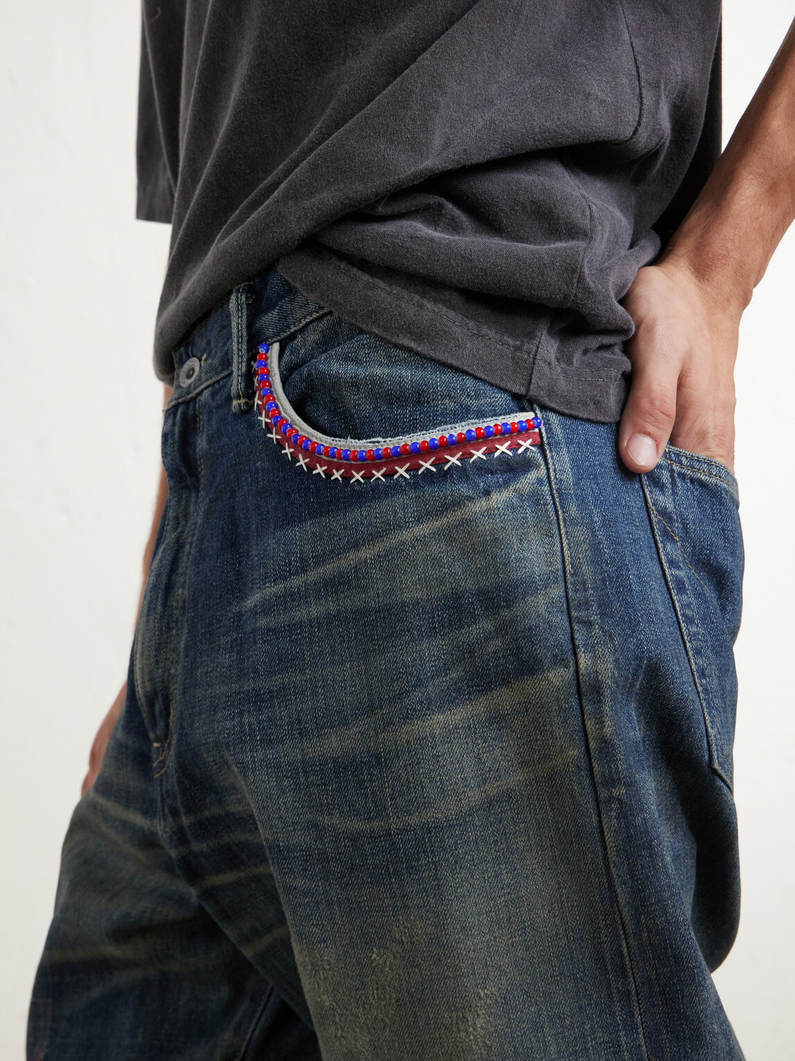 Neighborhood - Savage Straight-Leg Bead-Embellished Distressed Jeans - Blue