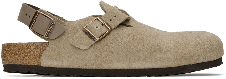 Birkenstock Taupe Suede Loafers Birkenstock: Taupe Narrow Boston Soft Footbed Slip-on  main image 4