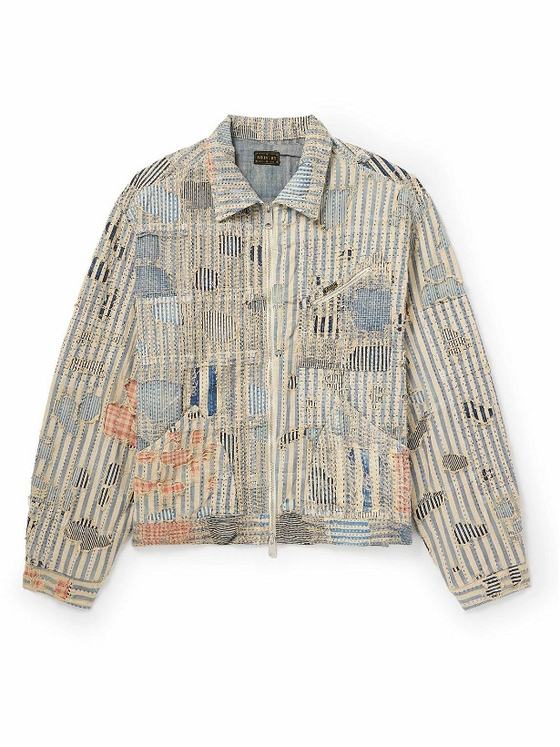 Photo: KAPITAL - Liberty Distressed Embroidered Striped Cotton-Blend Blouson Jacket - Blue