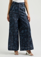 Lovebirds Printed Wide-leg Cotton Trousers Navy