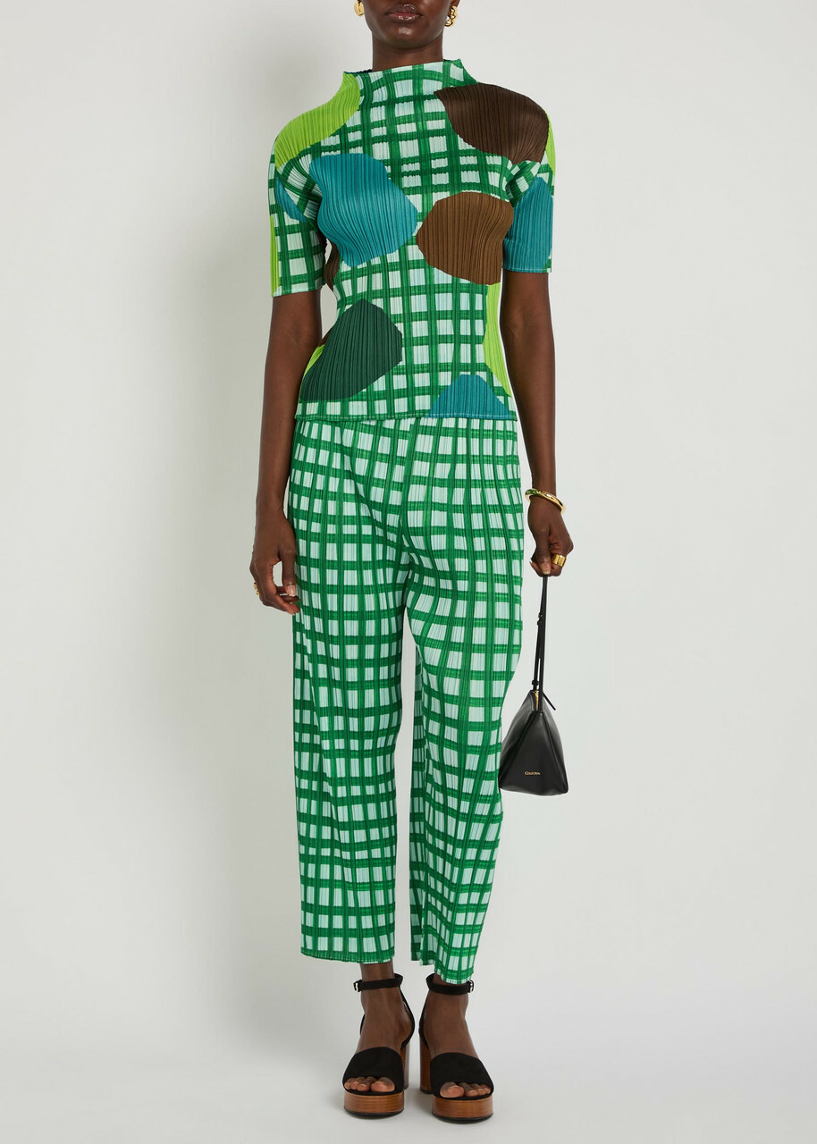 Pleats Please Issey Miyake Gingham Pleated Straight-leg Woven Cropped Trousers Green