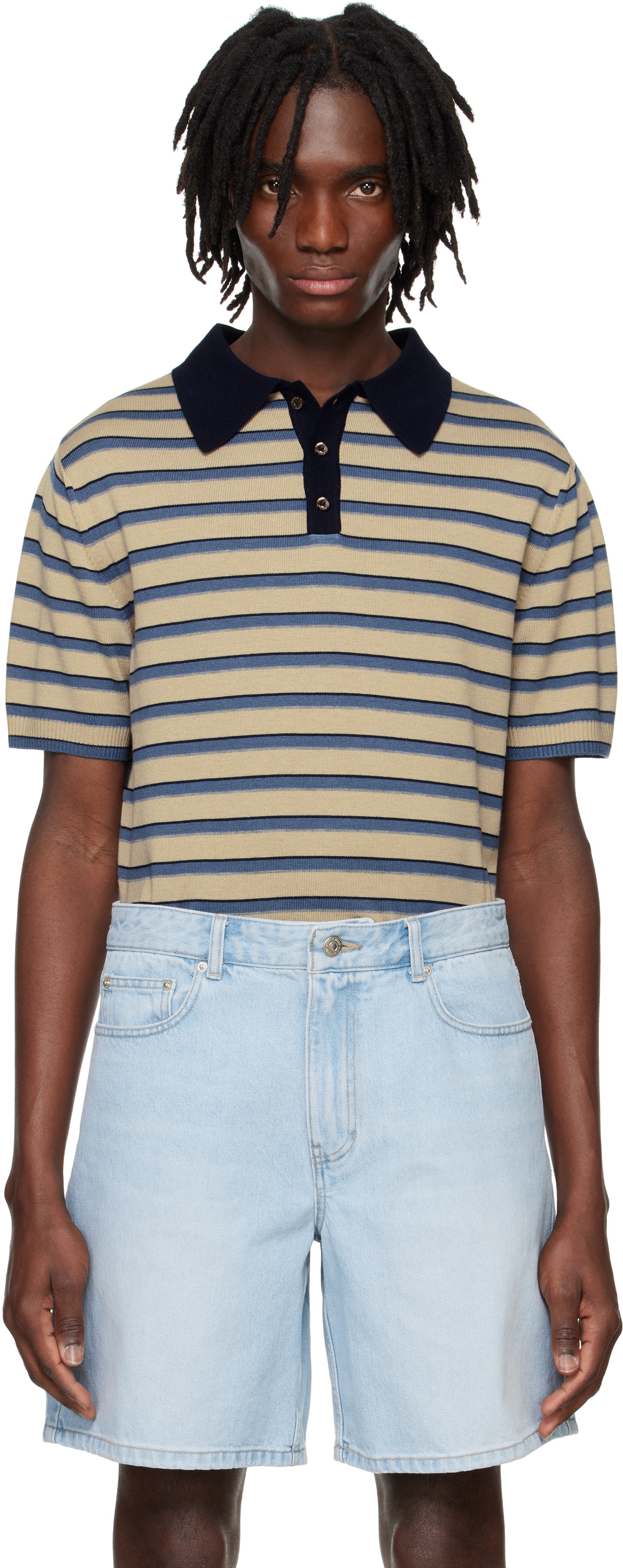 System Beige Striped Knitted Polo