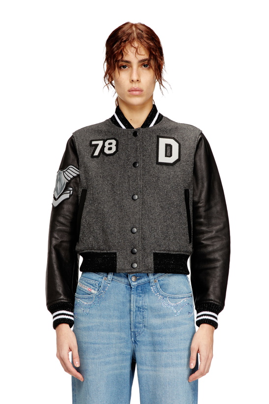 Photo: Diesel Cropped varsity jacket in wool and leather - Leather jackets Womens in Multicolor