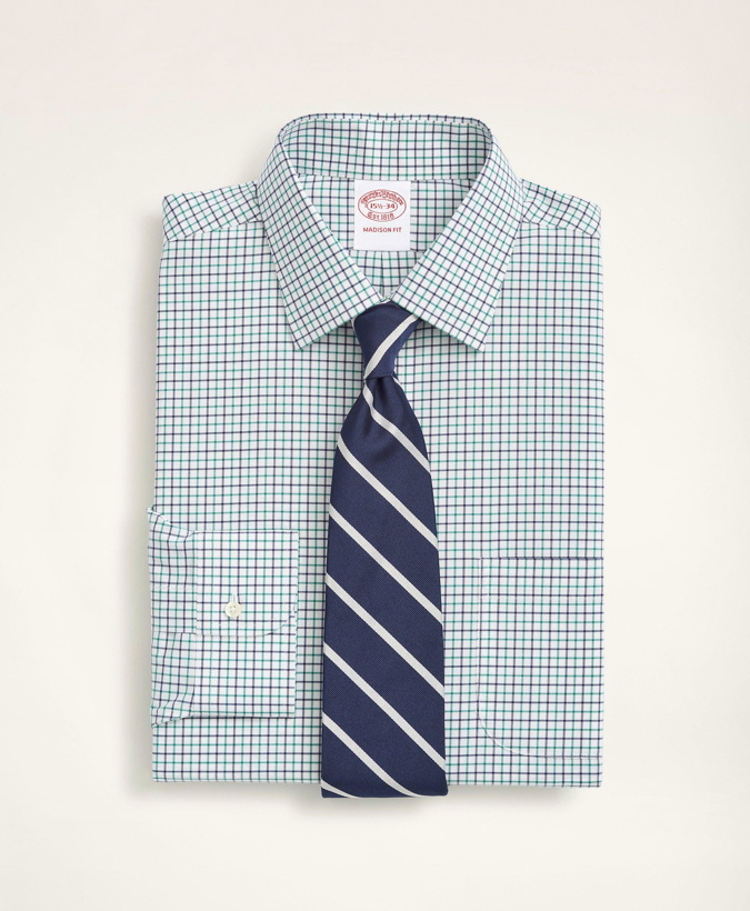 Photo: Brooks Brothers Men's Stretch Madison Relaxed-Fit Dress Shirt, Non-Iron Poplin Ainsley Collar Tattersall | Green