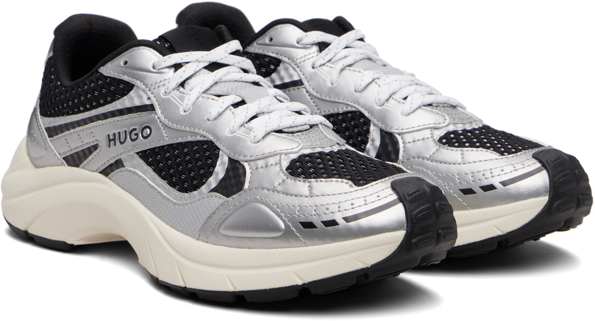 Hugo Silver & Black Mesh Faux-Leather Sneakers