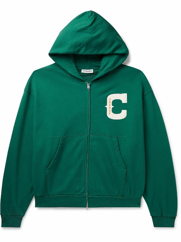 Photo: CHERRY LA - Logo-Appliquéd Cotton-Jersey Zip-Up Hoodie - Green