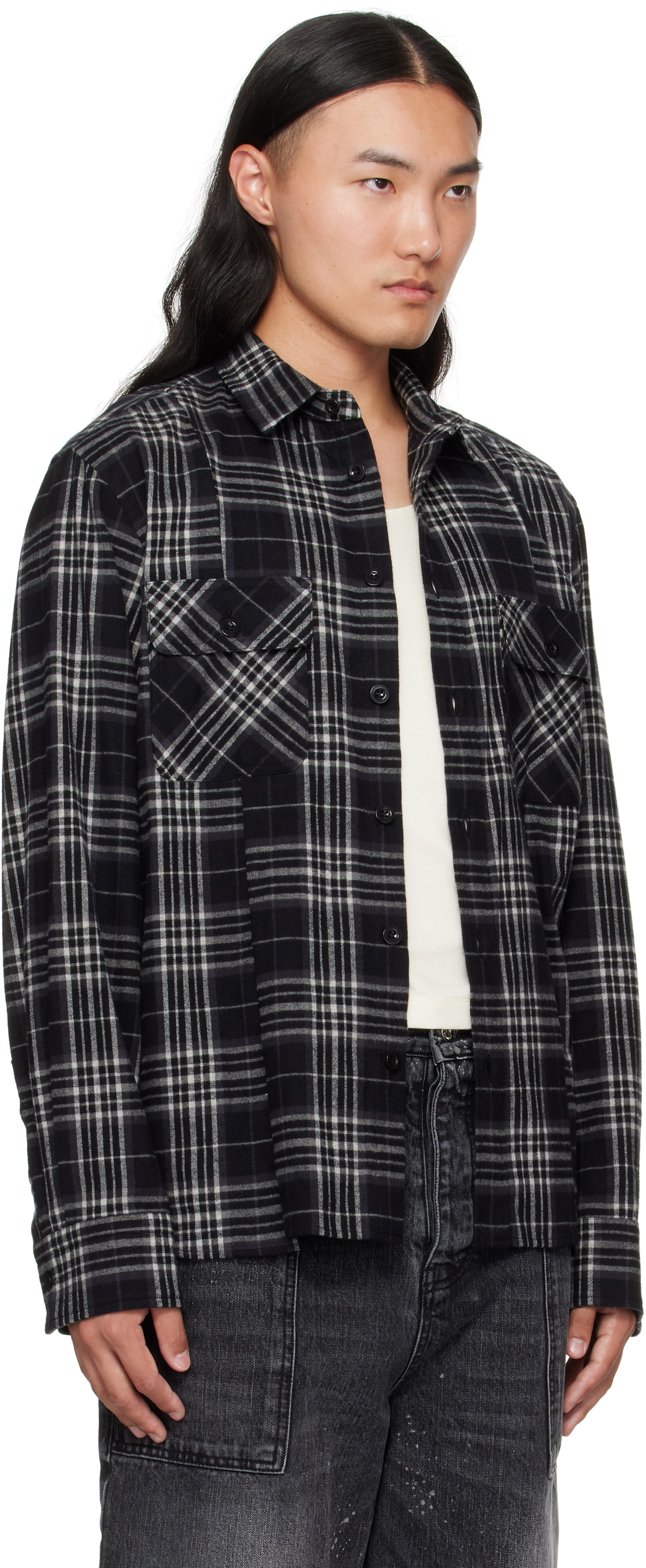 sacai Black Plaid Flannel Shirt