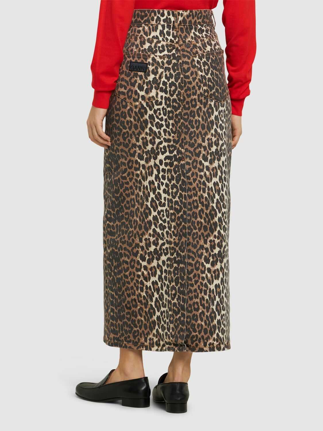 GANNI Leopard Print Denim Maxi Skirt GANNI