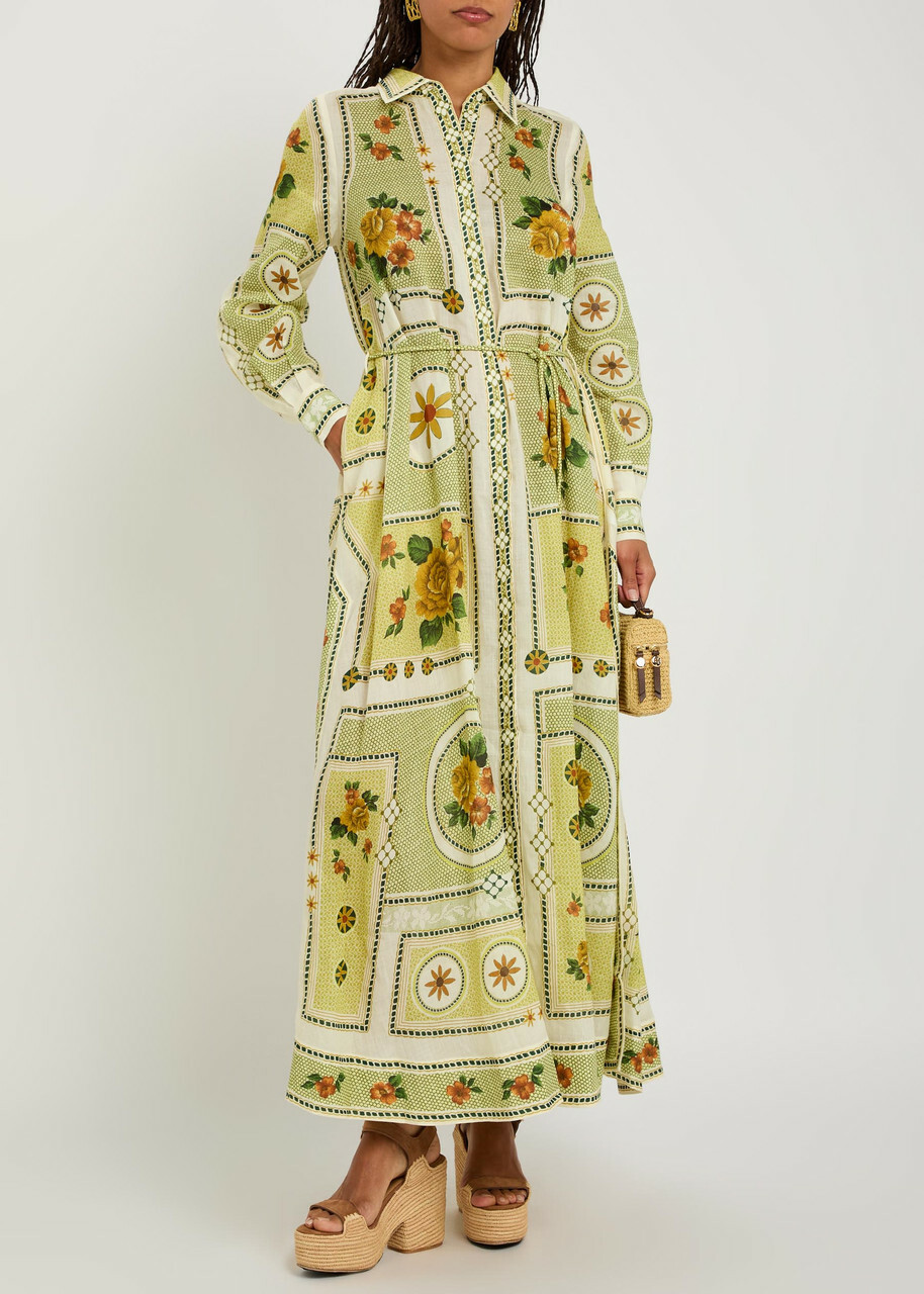 Alemais Dixie Printed Ramie Maxi Shirt Dress Yellow