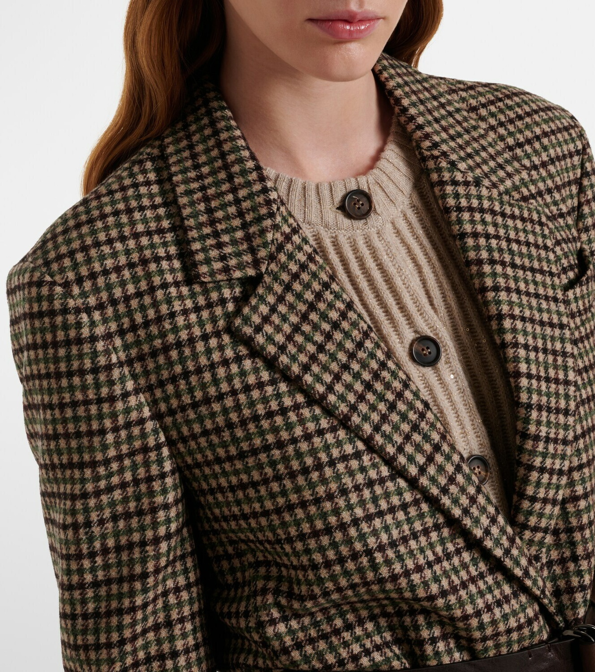 Brunello Cucinelli Belted checked wool and alpaca-blend jacket