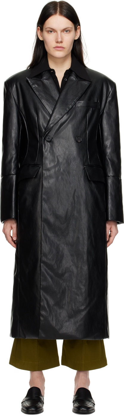 Photo: DRAE Black Double-Breasted Faux-Leather Coat