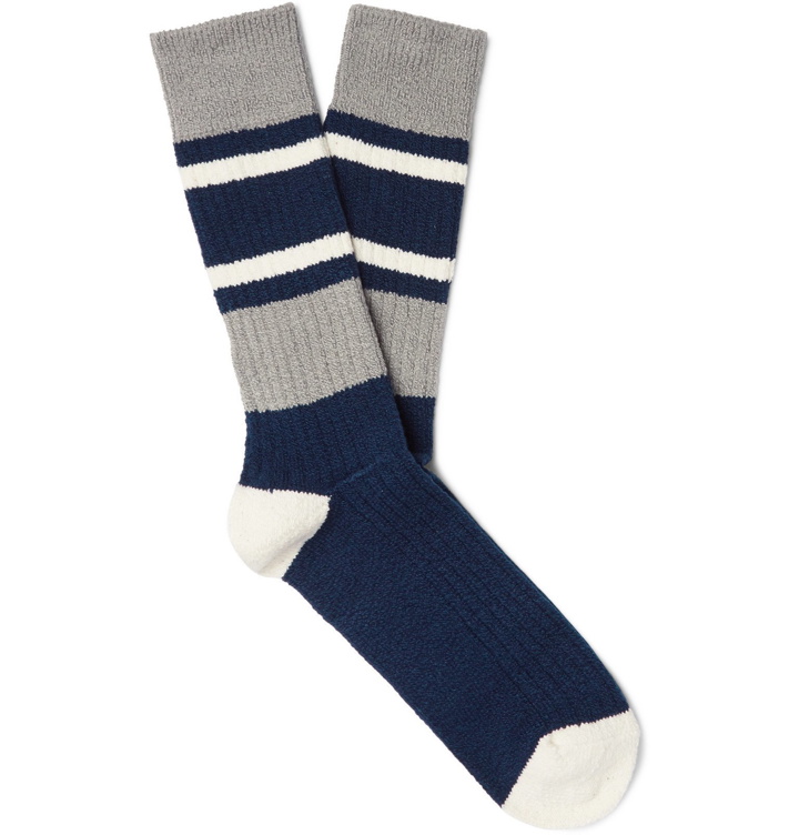 Photo: Anonymous Ism - Striped Ribbed Cotton-Blend Socks - Blue