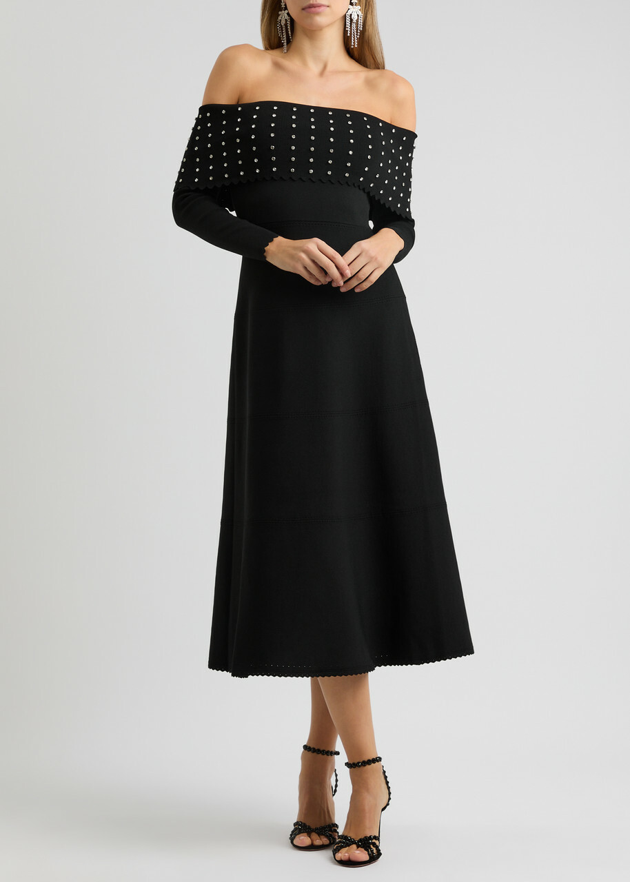 Needle & Thread Crystal-embellished Off-the-shoulder Knitted Midi Dress  Black Needle & Thread