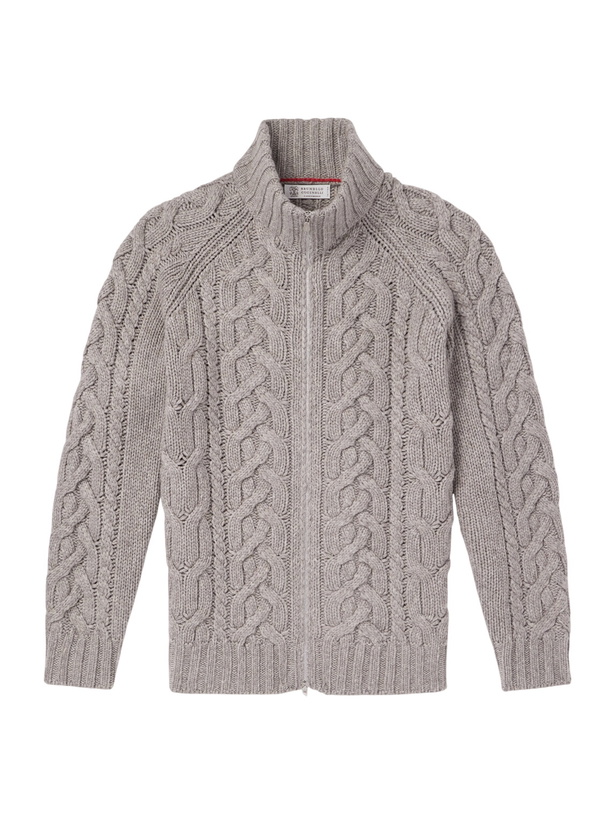 Photo: Brunello Cucinelli - Cable-Knit Cashmere Zip-Up Sweater - Gray