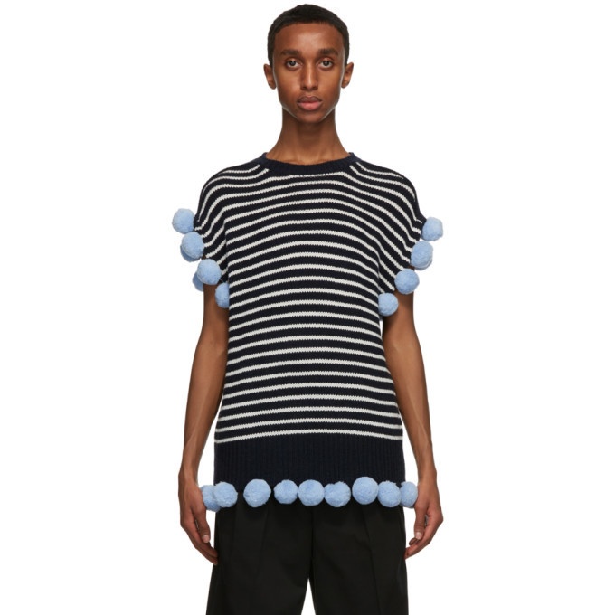 Photo: JW Anderson Navy and Off-White Wool Pom-Pom Sleeveless Sweater
