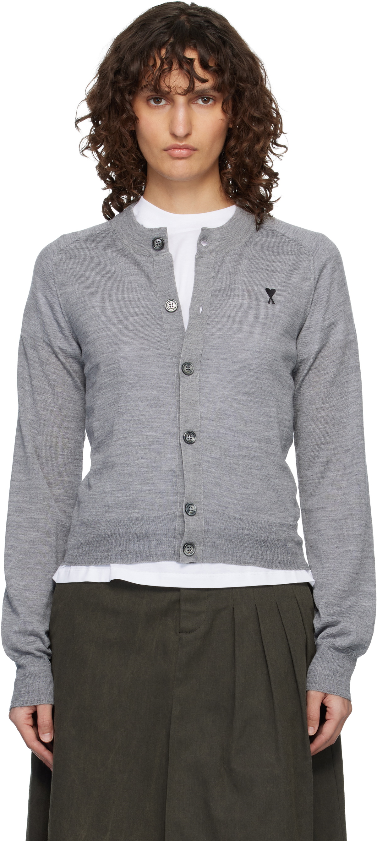 AMI Paris Gray Wool Crewneck Ami de Coeur Cardigan