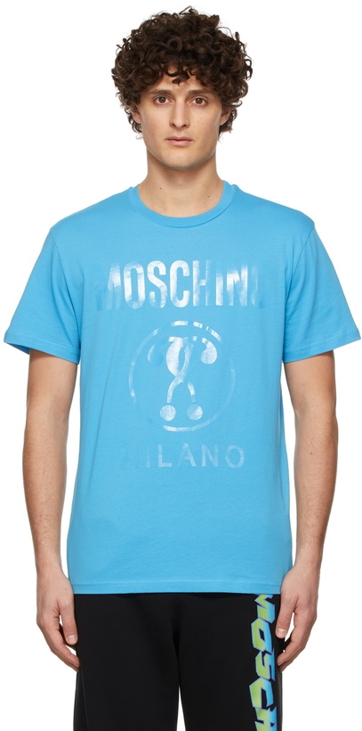 Photo: Moschino Blue Double Question Mark Print T-Shirt