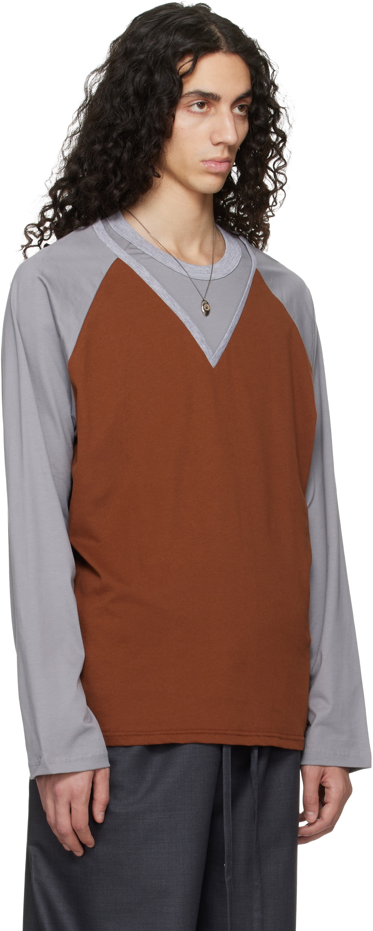 Serapis Tan & Gray W-Neck Cotton T-shirt