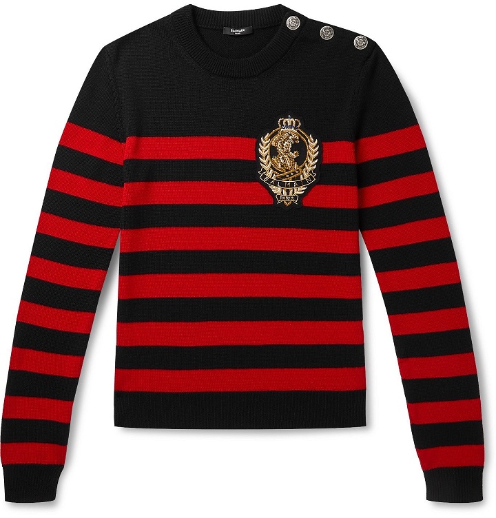 Photo: Balmain - Logo-Appliquéd Button-Embellished Striped Wool and Cotton-Blend Sweater - Red