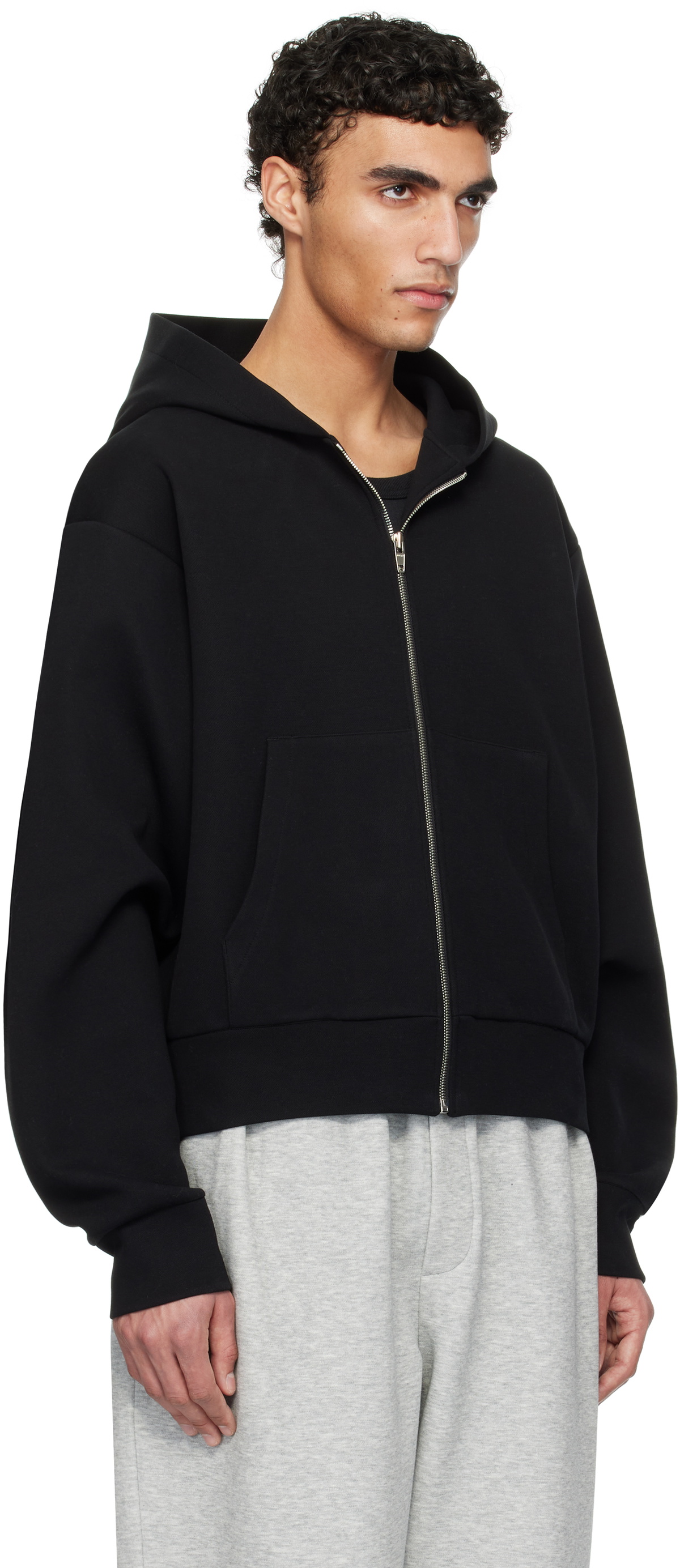 RECTO Black Logo Detail Zip-Up Hoodie