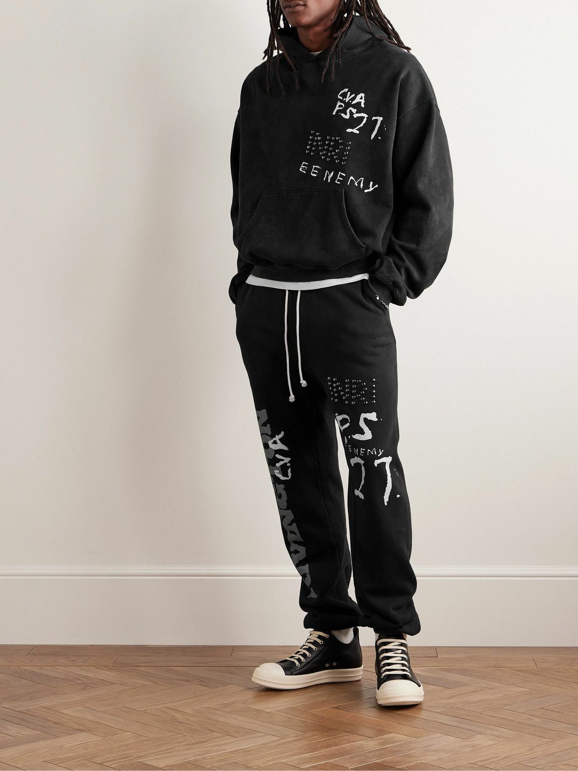 RRR123 - INRI Embellished Logo-Print Cotton-Jersey Hoodie - Black