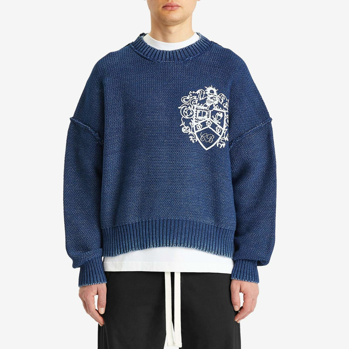 Cole Buxton Men's Collegiate Crest Knit Sweater in Navy