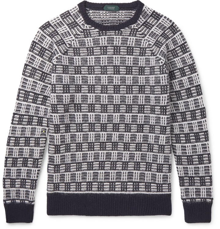 Photo: Incotex - Checked Brushed Virgin Wool-Blend Sweater - Blue