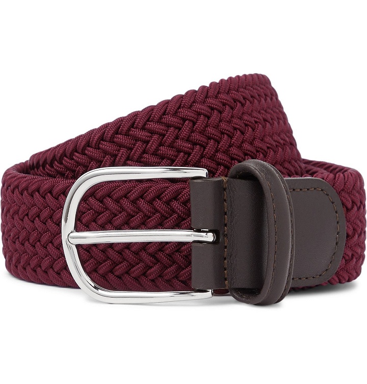Photo: Anderson's - 3.5cm Leather-Trimmed Woven Elastic Belt - Burgundy