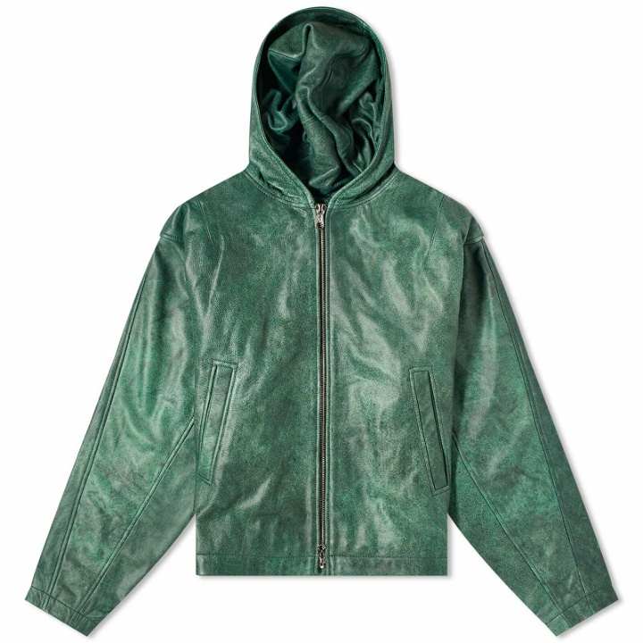 Photo: Cole Buxton Men's Hooded Leather Jacket in Cracked Green