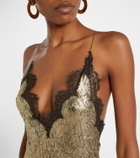 Roberto Cavalli Lace-trimmed silk-blend gown