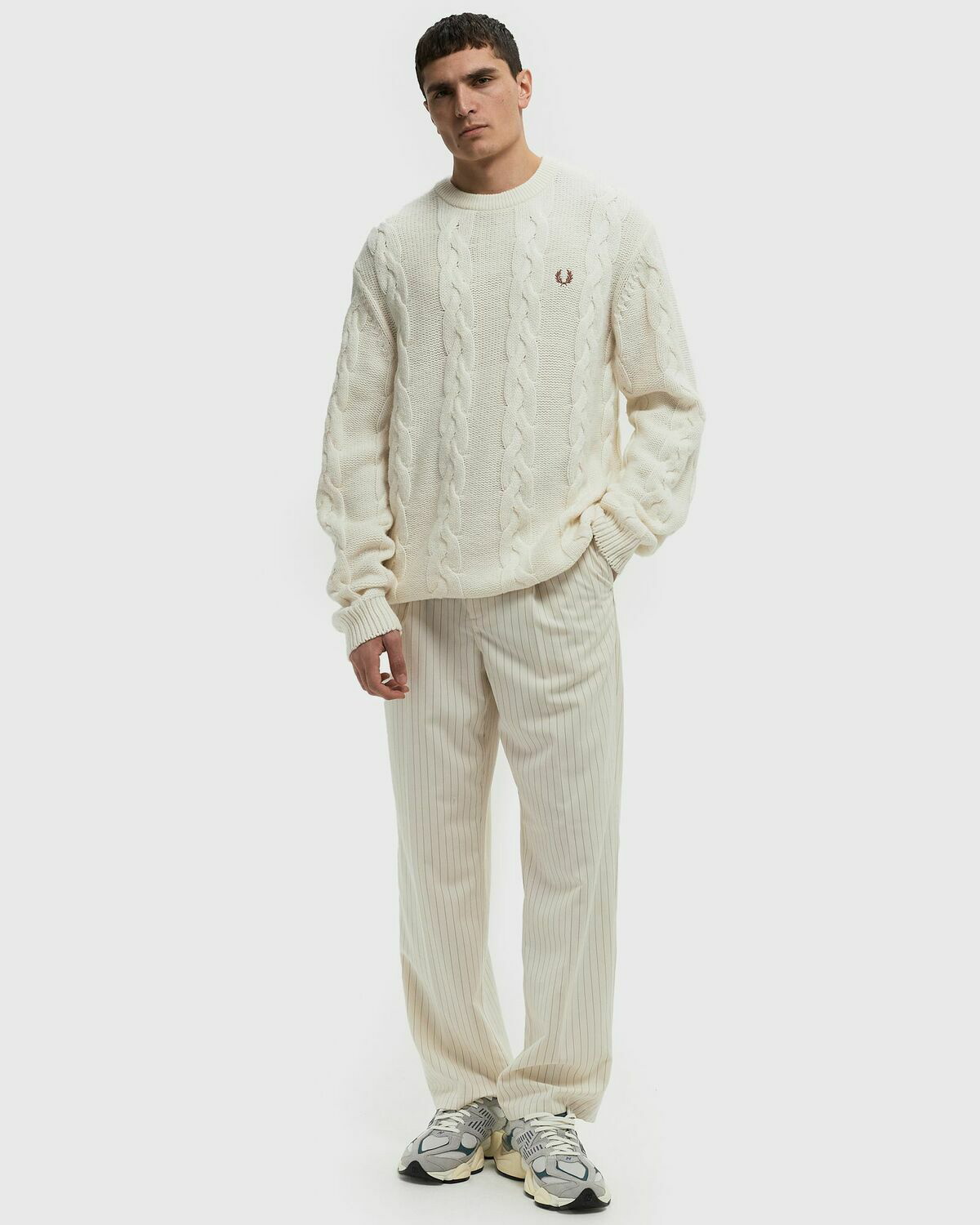 FRED PERRY ホワイトセットアップ Fred Perry CHUNKY CABLE KNIT JUMPER Beige Mens Pullover Fred Perry