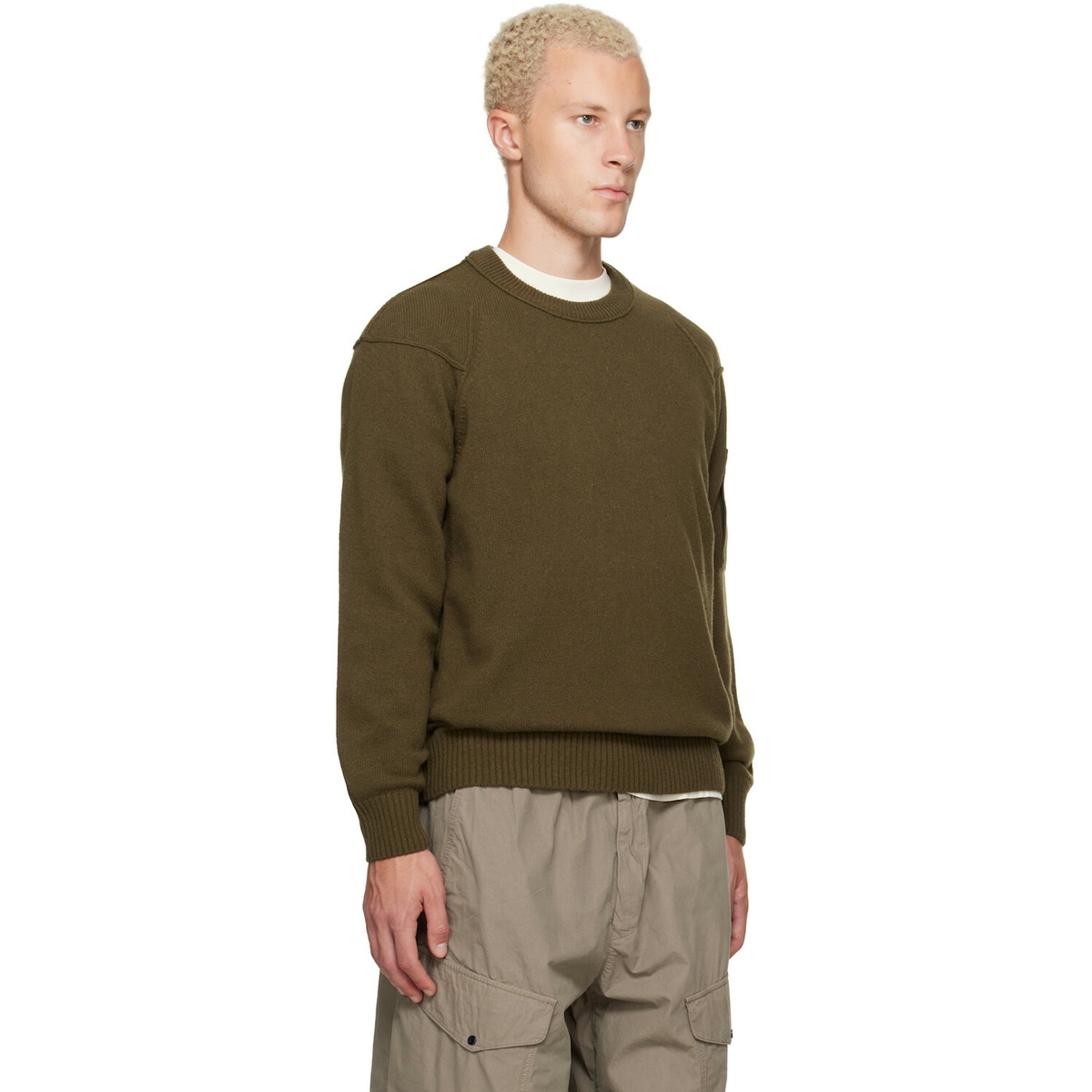 C.P. Company Khaki Lambswool Lens Crewneck Contrast Sweater