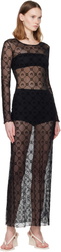 Marine Serre Black Moonogram Mesh Flock LS Crewneck Maxi Dress
