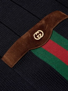 GUCCI - Horsebit Suede and Webbing-Trimmed Wool-Blend Cardigan - Blue