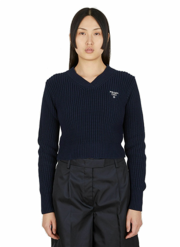 Photo: Embroidered Logo V Neck Sweater in Navy