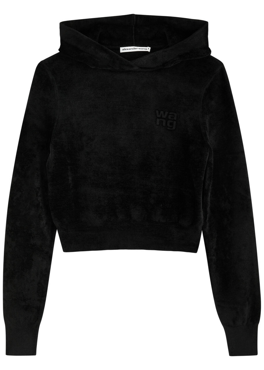 Alexanderwang.t Hooded Cropped Chenille Sweatshirt Black