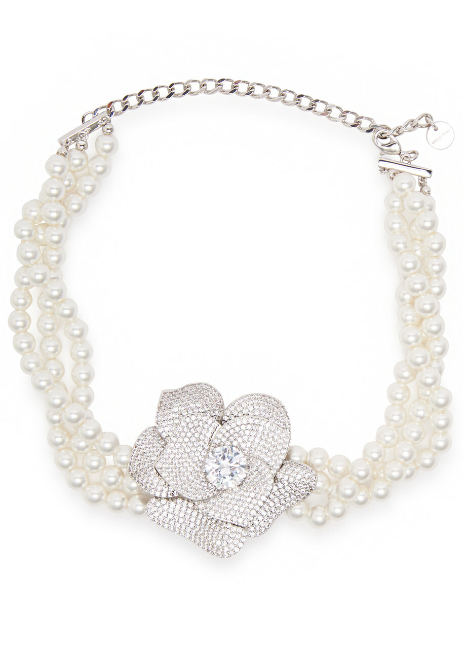 Self-portrait Crystal-embellished Faux Pearl Choker - Silver - One Size