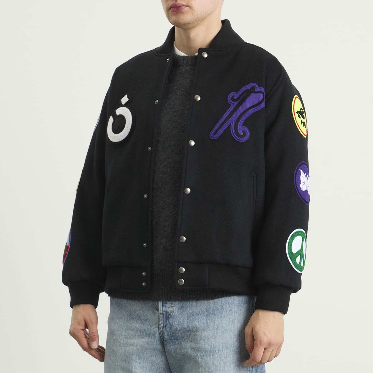 NOMARHYTHM TEXTILE Men's x Needles Patch Varsity Jacket in Black X Mix
